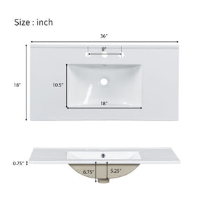 English Elm 36.02-inch white bathroom vanity with ceramic basin, gold round handles, soft-close doors & drawers N729P184710K
