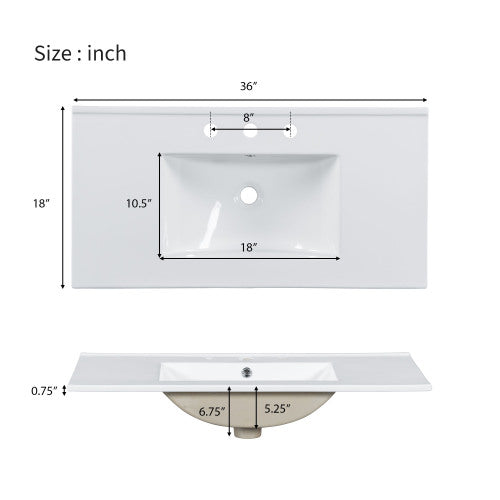 English Elm 36.02-inch white bathroom vanity with ceramic basin, gold round handles, soft-close doors & drawers N729P184710K