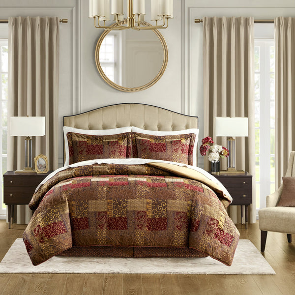 English Elm 4 Piece Brown Comforter Set - Elegant Jacquard Patchwork Design For Cozy Queen Bedroom Decor B035128749