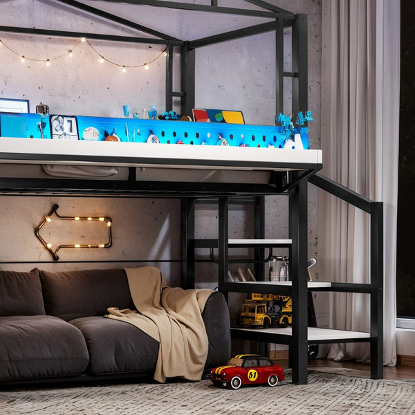 English Elm Twin Metal Loft Bed with Built-in Wardrobe Storage Stairs Led Lights and Usb Ports W5316S00045