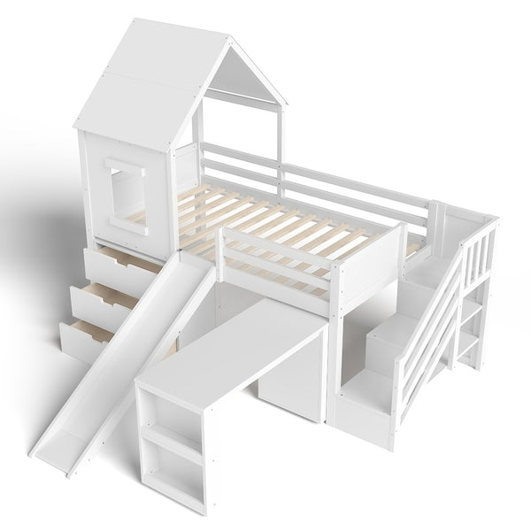 English Elm Full Size Metal Loft Bed with Stair Storage Shelves Bookshelf for Dorms Bedroom W1580S00395