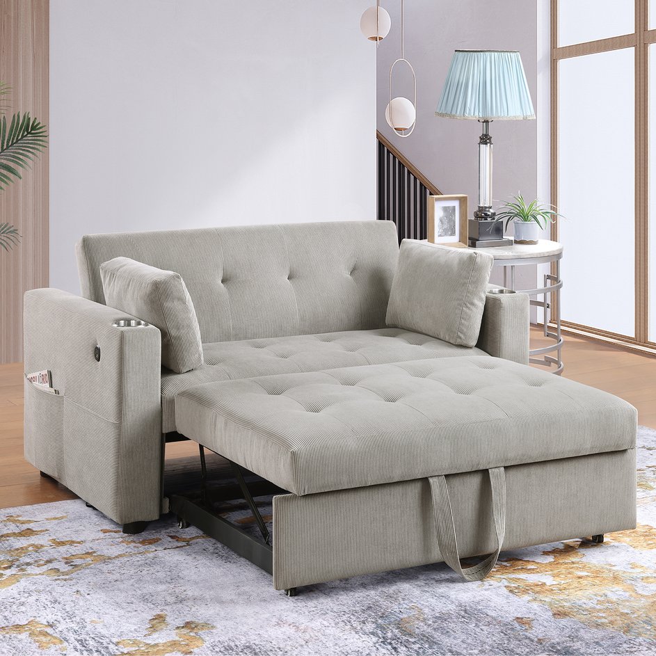 English Elm Corduroy Tufted Convertible Sleeper Loveseat with USB Ports, Cupholders, Magazine Pockets, Gray B016P406016