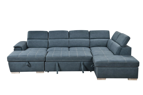 English Elm 128"Sofa U-Shaped Sectional with Pull-Out Bed, Storage Chaises, Adjustable Headrests for Comfort Blue W1417S00086
