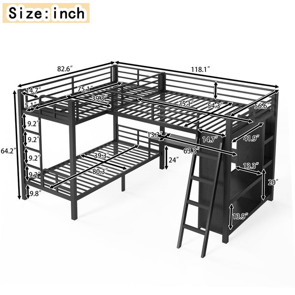 English Elm L-shaped Triple Bunk Bed with Desk Wardrobe Metal Frame for Teen Shared Rooms W5305S00003