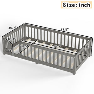 English Elm Twin Floor Bed Solid Pine Frame with Guardrails and Door for Safe Kid Sleep W1580P433575
