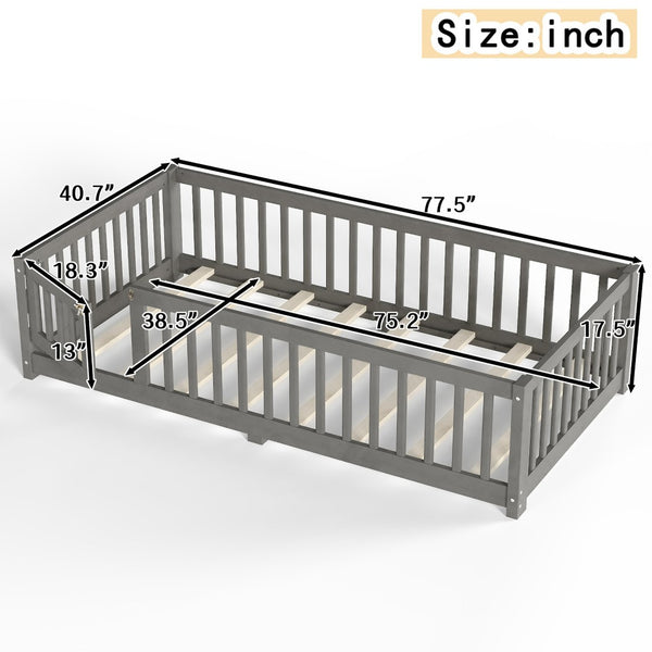 English Elm Twin Floor Bed Solid Pine Frame with Guardrails and Door for Safe Kid Sleep W1580P433575