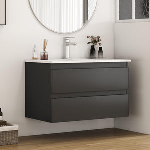 English Elm 32-Inch Wall-Mounted Bathroom Vanity & Ceramic Sink Combo - Soft-Close Drawers, Easy Install! W3151S00046