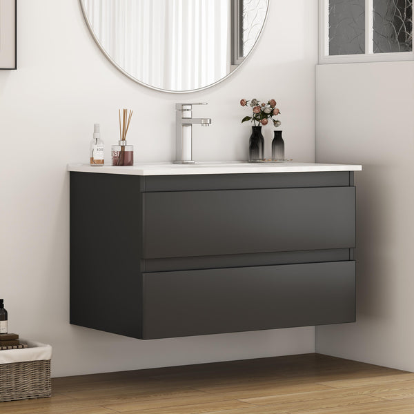English Elm 32-Inch Wall-Mounted Bathroom Vanity & Ceramic Sink Combo - Soft-Close Drawers, Easy Install! W3151S00046