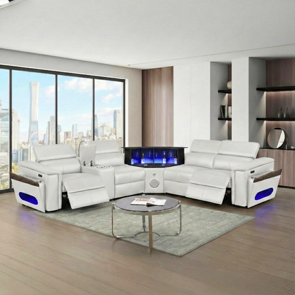 English Elm Nova Power Reclining Sectional with Bluetooth Audio Led Bar and Lift Top Wine Storage White B009S02169
