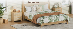 English Elm Rattan Drawer Nightstand Set with Built-in Charging Station and Open Shelf Bedroom Storage Oak W1820P416766