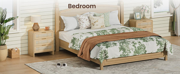 English Elm Rattan Drawer Nightstand Set with Built-in Charging Station and Open Shelf Bedroom Storage Oak W1820P416765