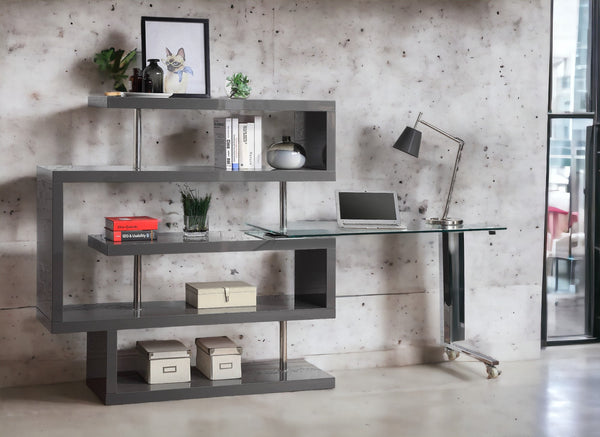 English Elm Buck Modern Buck Glass Writing Desk with Chrome High-Gloss Frame, 360° Swivel, Shelves & Wheels Gray 51 L x 28 W x 4.5 H B2726S00027