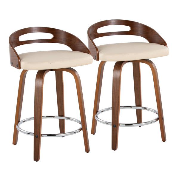 English Elm Cassis 24" Mid-Century Modern Counter Stool Set Of 2 With Swivel Cream Faux Leather & Walnut Wood B202S00014
