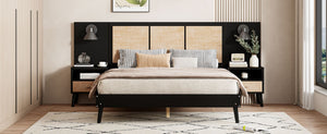 English Elm Queen Solid Wood Bed Frame With 2 Nightstands, Rattan Accents, Built-In Lamps For Cozy Bedrooms N820S00019AAB-GIGA