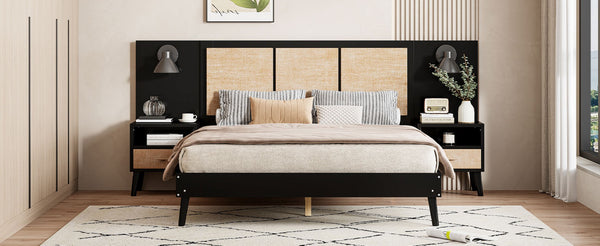 English Elm Queen Solid Wood Bed Frame With 2 Nightstands, Rattan Accents, Built-In Lamps For Cozy Bedrooms N820S00019AAB-GIGA