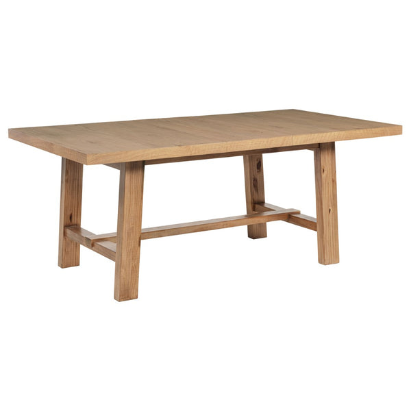 English Elm Carlos Pine Trestle Dining Set Seats Six with Nailhead Upholstered Chairs Natural Finish B062S01802