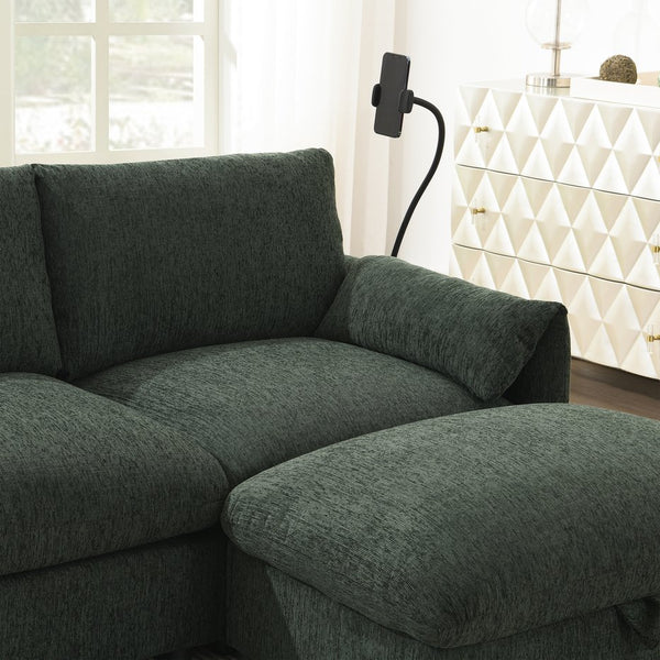 English Elm 96.5'' L-Shaped Sectional Sofa with Giant Storage Ottoman, USB Type-C Charger, Phone Holder and Pocketed Arms Green N723S8776F