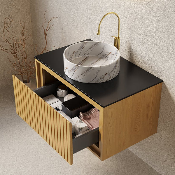 English Elm KOLAS 30" Bathroom Vanity with Sintered Countertop, Wall-Mount Plywood Cabinet, Soft-Close Drawer Oak W2615S00481