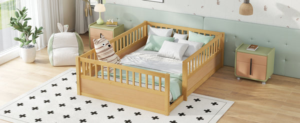 English Elm Full Montessori Floor Bed Frame with Fence for Kids — Pine Play & Reading Space, Sturdy Low Profile Natural W1580P307884
