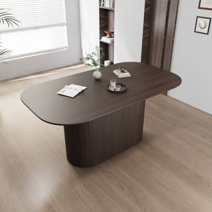 English Elm 63 Elegant MDF Dining Table with Carved Round Legs, Stain‑Resistant Surface, Seats 4‑8, Modern Appeal Brown W2189S00651