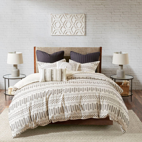 English Elm Cotton Rhea Jacquard Comforter Mini Set for Full/Queen — 100% Cotton OEKO‑TEX, Farmhouse Striped Charm Ivory+Charcoal 21.65 L x 22.44 W x 8.27 H B035128810