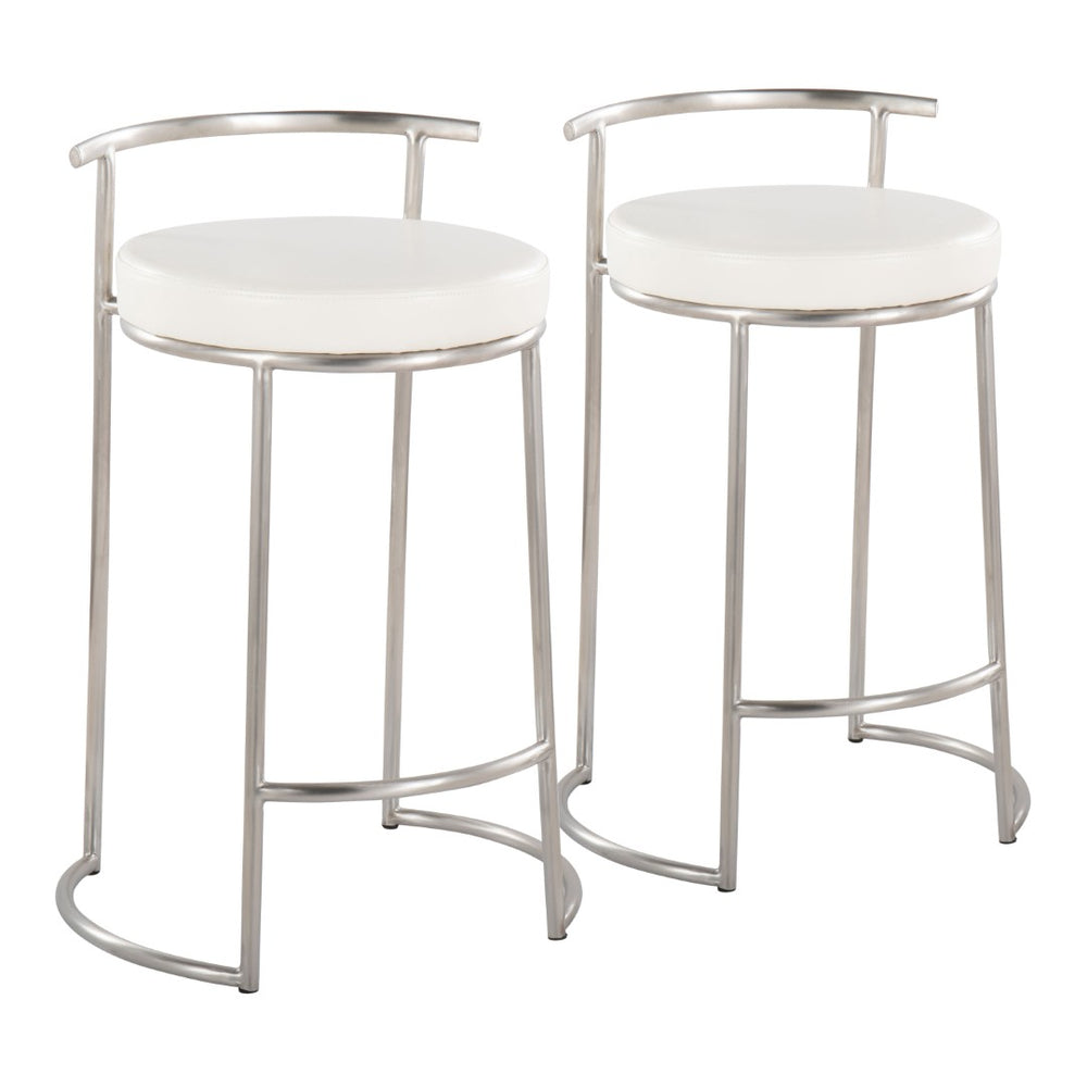 English Elm Round Fuji 26" Contemporary Counter Stools Set Of 2 In Polished Stainless Steel & White Faux Leather B202P222108-GIGA