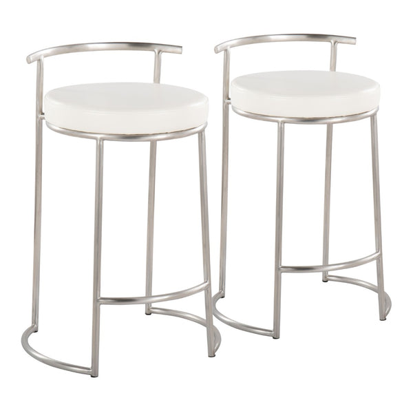 English Elm Round Fuji 26" Contemporary Counter Stools Set Of 2 In Polished Stainless Steel & White Faux Leather B202P222108-GIGA
