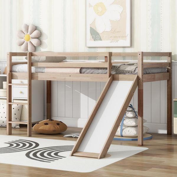 English Elm Twin Low Loft Bed with Slide and Ladder for Kids, Rubberwood Frame, Safety Guardrails & Playspace White Oak W504P218527