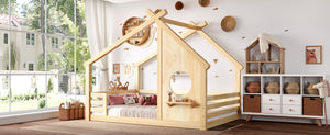 English Elm Full House Floor Bed with Roof Window and Shelf – Solid Pine Kids Loft-Style Low Bed, Durable Design Natural W1580P362703