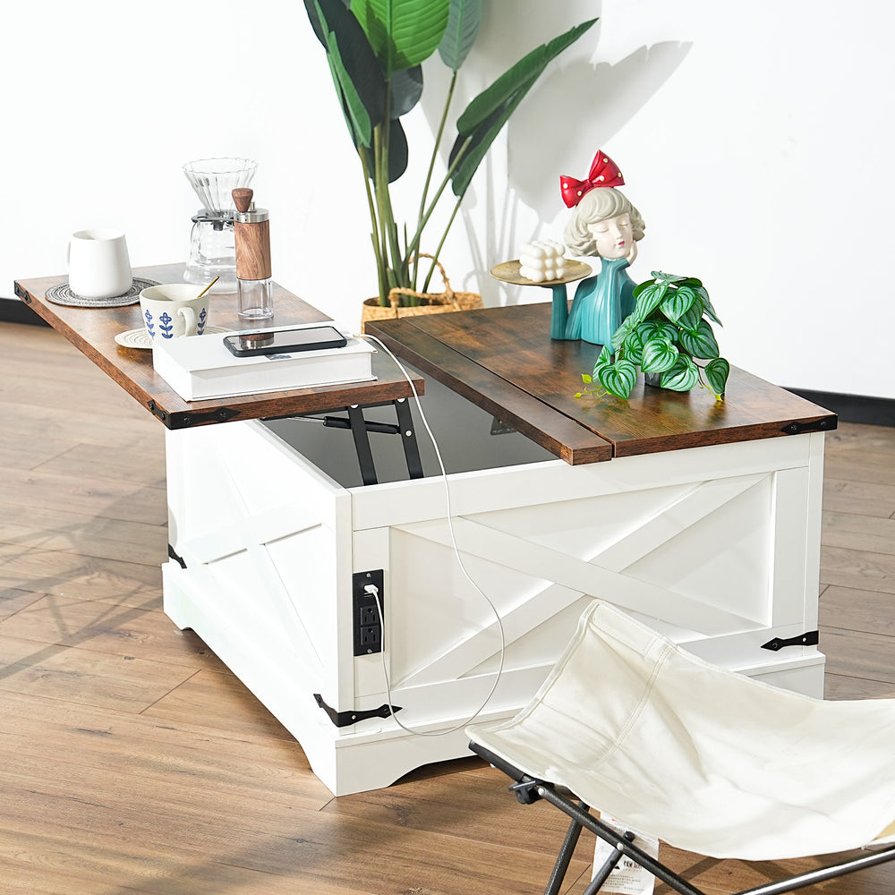 English Elm Lift-Top Coffee Table with Charging Station, Hidden Storage, Durable E1 Particleboard, Vintage White 39.97" W2896P215180