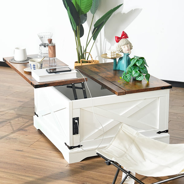 English Elm Lift-Top Coffee Table with Charging Station, Hidden Storage, Durable E1 Particleboard, Vintage White 39.97" W2896P215180