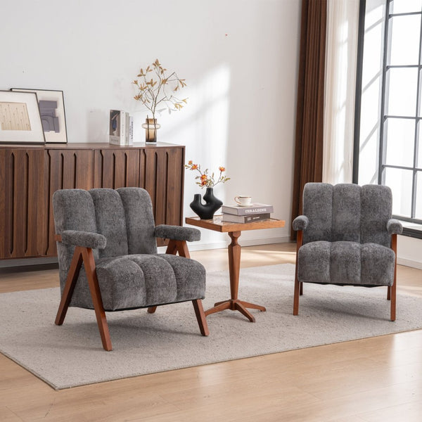 English Elm Mid-century Modern Chenille Lounge Chair Set Oak Frame Cloud Silhouette Living Room Gray W1170S00050