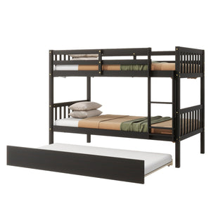 English Elm Twin Over Twin Rubberwood Bunk Bed With Trundle - Space-Saving Design, Espresso Finish, Safety Features W504S00158-GIGA