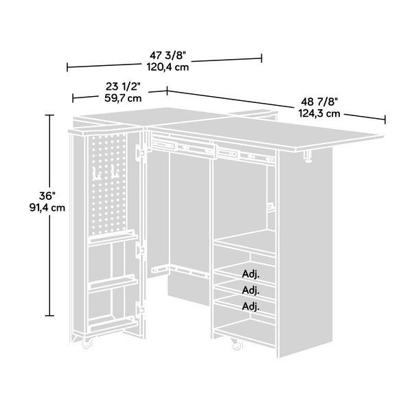 English Elm Craft Station with Drop-Leaf Extension, Brown Khaki Pine Finish — Compact Crafting Workstation w/ Storage B356P402737