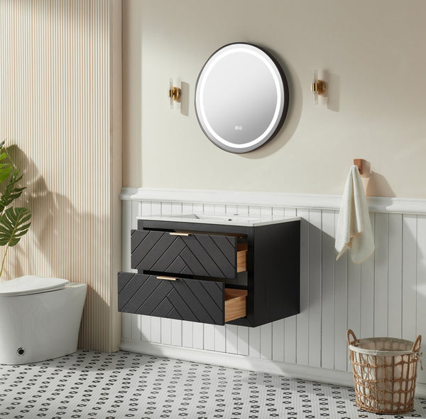 English Elm 30" Tiered Black Wall-Mounted Floating Vanity with Ceramic Sink, Center Storage Nook for Towels & Toiletries W1826P343434