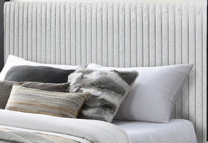 English Elm 1pc Modern Queen LED Faux Leather Upholstery Panel Bed with Tufted Headboard, Textured Footboard Glam Finish Light Gray 86.5 L x 11.5 W x 5.5 H B2741S00540