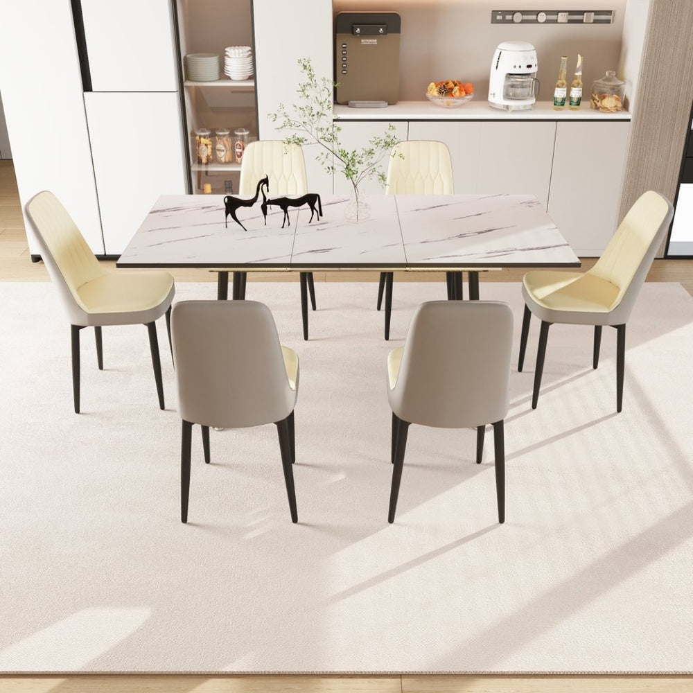 English Elm 47"-63" Extendable Dining Set Six Pu Leather Chairs Mdf Top Black Metal Legs Modern Beige Gray+White W2189S00921