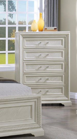 English Elm 1pc Five-Drawer Tall Storage Chest with Bright Finish, Elegant Pulls, Spacious Wooden Bedroom Tower Antique White 41 L x 22.5 W x 57 H B2741P408963