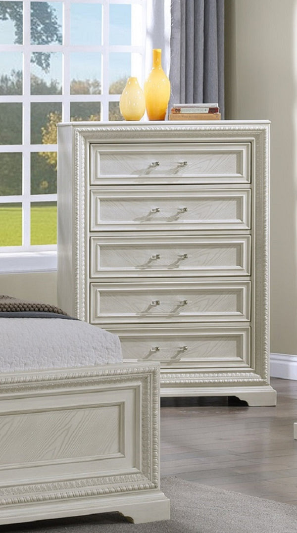 English Elm 1pc Five-Drawer Tall Storage Chest with Bright Finish, Elegant Pulls, Spacious Wooden Bedroom Tower Antique White 41 L x 22.5 W x 57 H B2741P408963