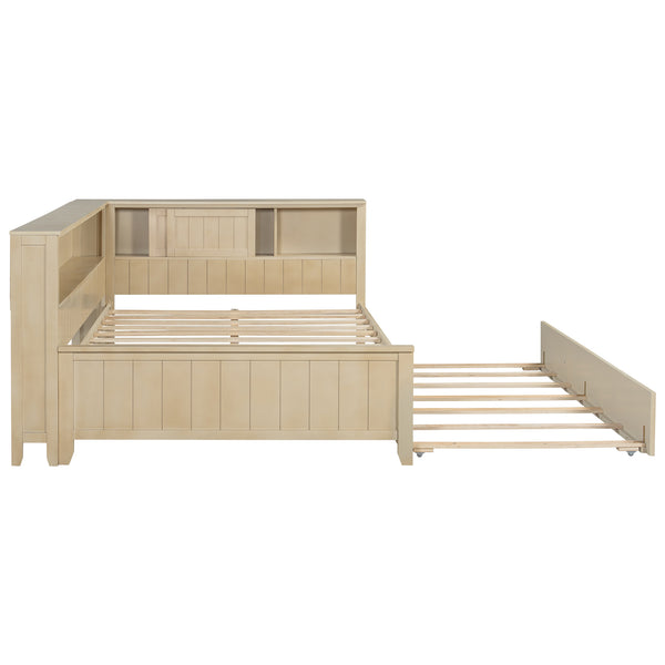 English Elm Full Full Size Wood Daybed with Trundle, Antique White Milk Finish, Built-In Storage Shelves & Charming Design N7090002225K