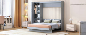 English Elm Queen Murphy Wall Bed with Led Lighting Open Shelves and Wardrobe Cabinet Storage LP000899AAE
