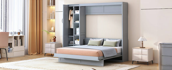 English Elm Queen Murphy Wall Bed with Led Lighting Open Shelves and Wardrobe Cabinet Storage LP000899AAE