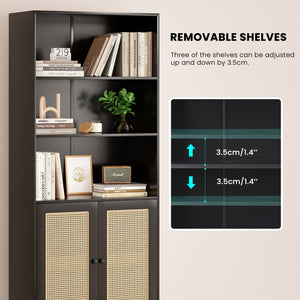 English Elm Tall Rattan Door Bookcase with 5 Shelves — Stylish Tall Storage Shelf for Living Room Office LibraryBedroom Black T3623P379897
