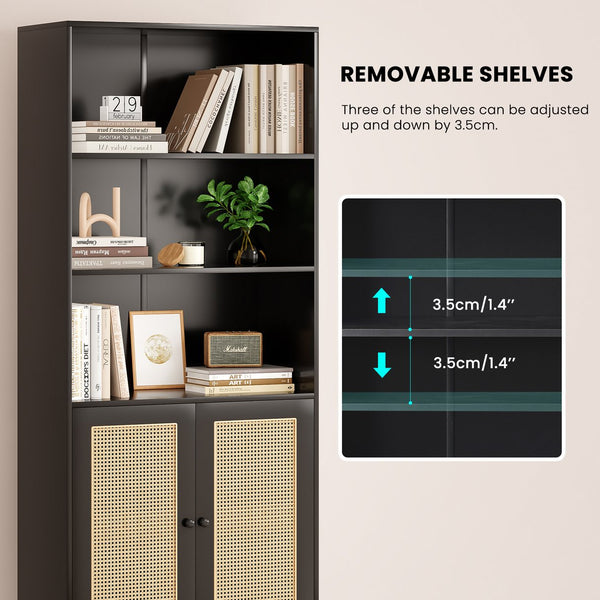 English Elm Tall Rattan Door Bookcase with 5 Shelves — Stylish Tall Storage Shelf for Living Room Office LibraryBedroom Black T3623P379897