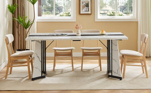 English Elm 70.9"Rectangular Waterproof Large Dining Table for 8 with Marble Top, Steel Frame, Adjustable Legs White+Black W1162P291768