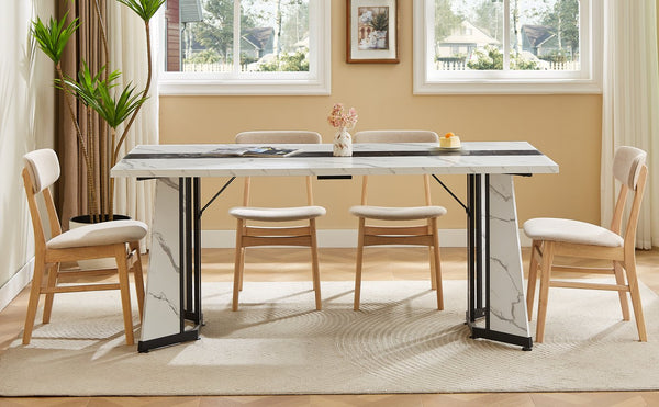 English Elm 70.9"Rectangular Waterproof Large Dining Table for 8 with Marble Top, Steel Frame, Adjustable Legs White+Black W1162P291768