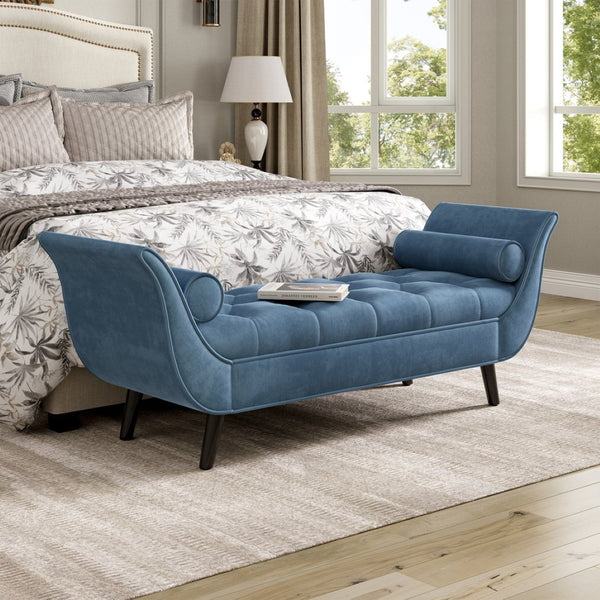 English Elm Upholstered Velvet Tufted Bench with Bolster Pillows Solid Oak Legs Bedroom Entryway Blue N761P304407C