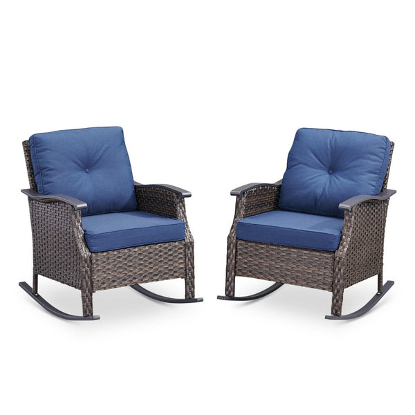 English Elm Outdoor Pe Rattan Gliding Patio Chair Set Handwoven Steel Frame with Plush Cushions Blue T3773S00018