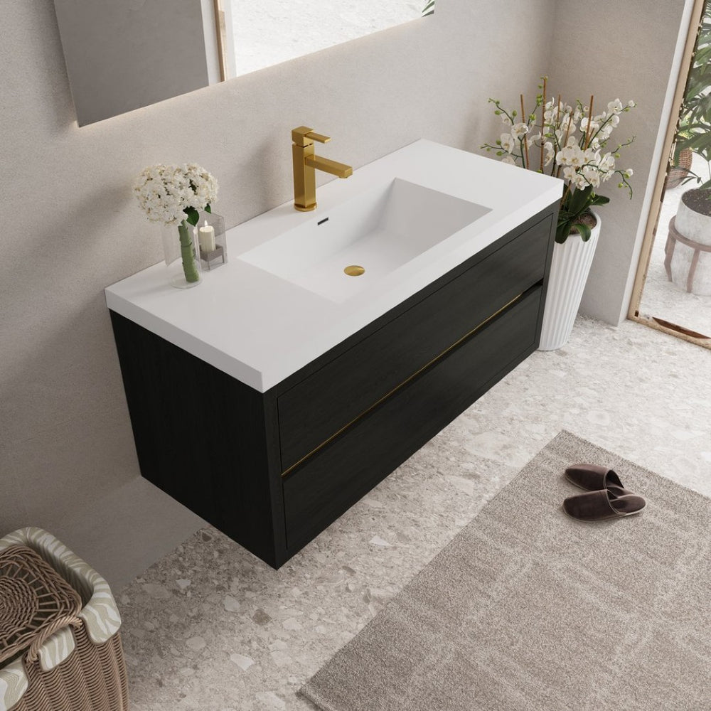 English Elm 48" Floating Bathroom Vanity Espresso Wood Stone Resin Top Soft Close Storage W1920P414548