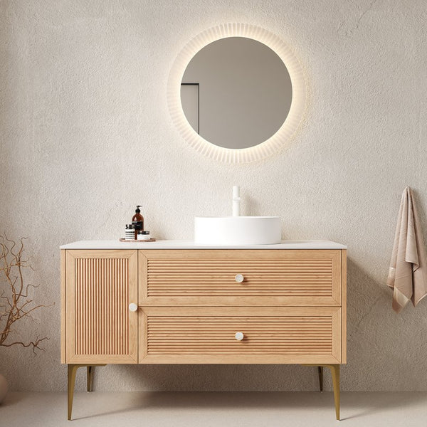 English Elm MUNIN Oak Woodgrain 48" Bathroom Vanity with Carrara Sintered Countertop, Ceramic Vessel Sink, Soft-Close Storage W2615S00130